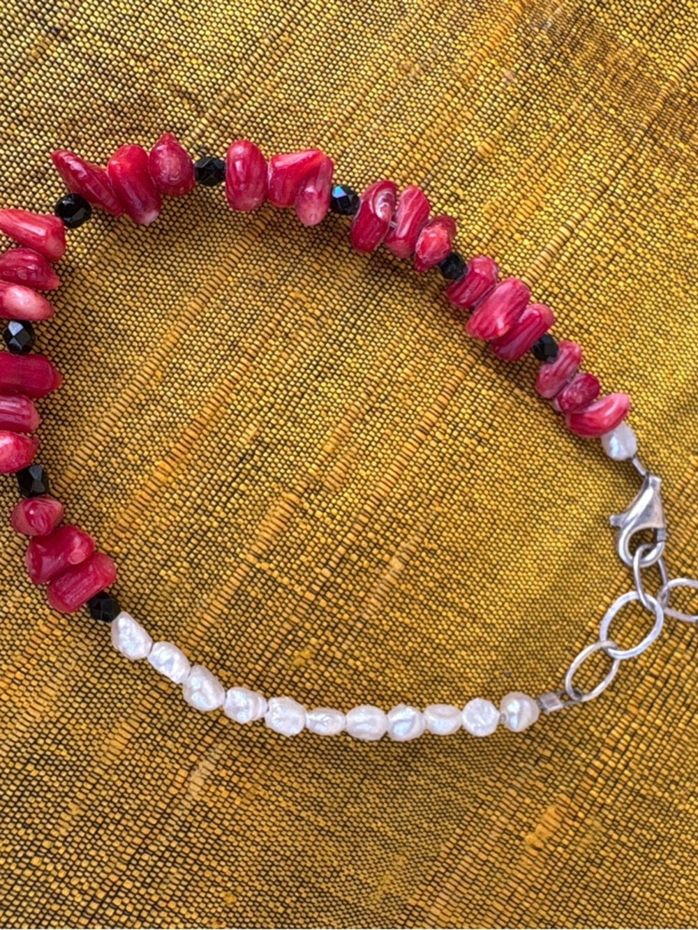 Pink Coral & White Pearl Beaded Bracelet with Silver Clasp